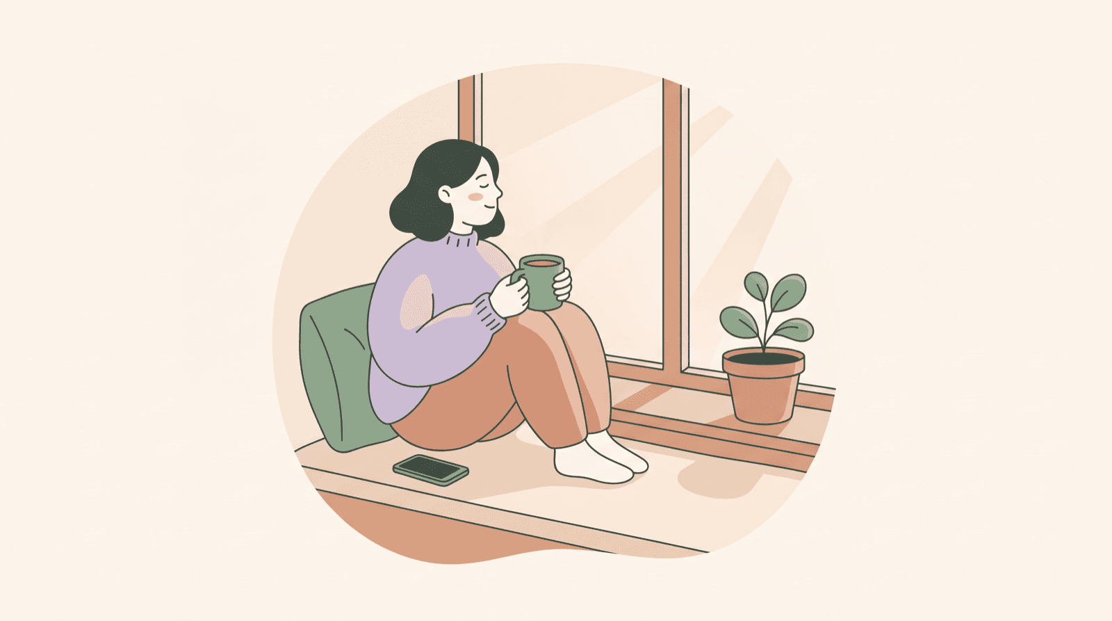 Illustration of a person sitting calmly by a sunny window with a cup of tea, phone face-down beside them