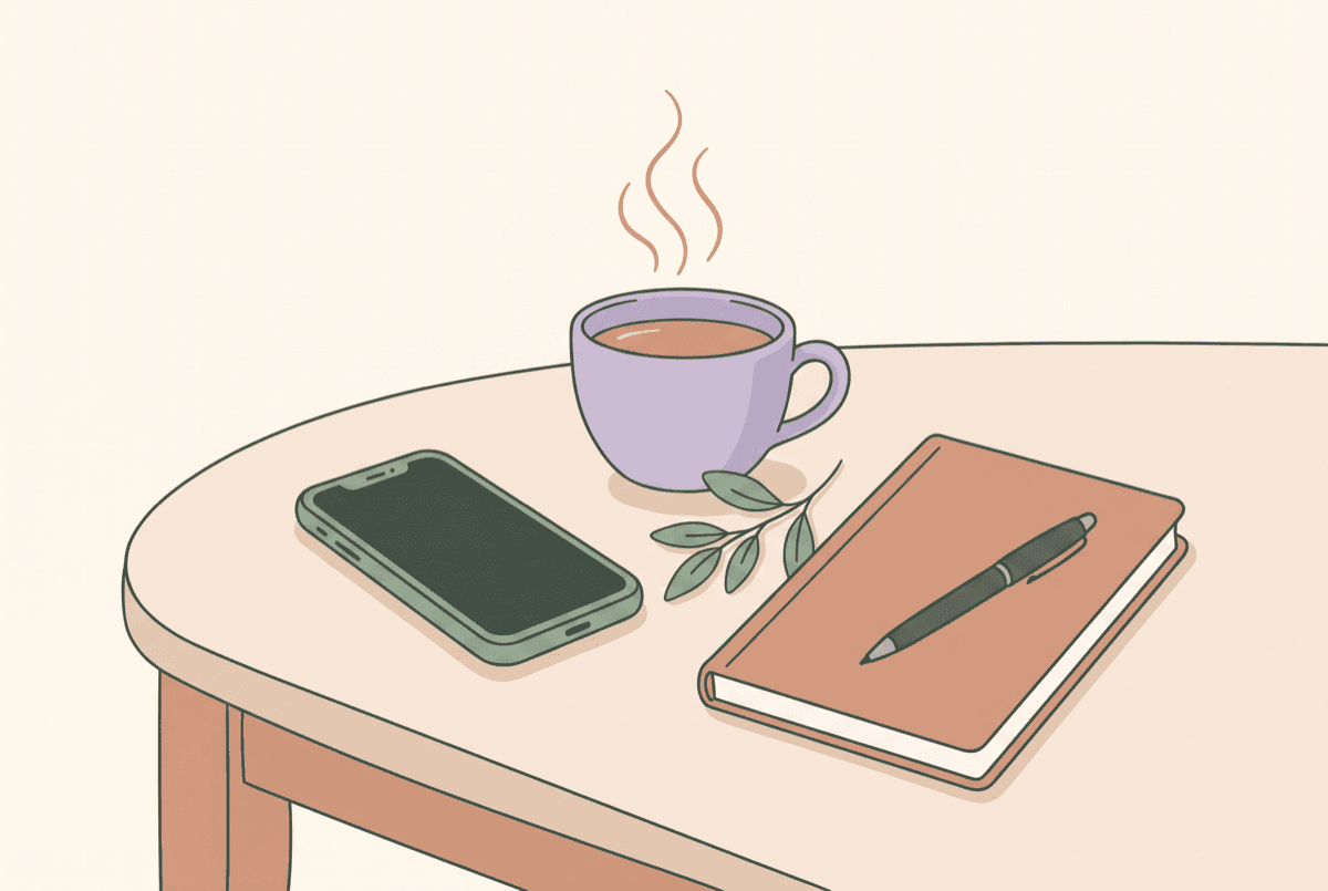 Illustration of a phone lying face-down on a table next to a cup of tea and a closed journal — the no contact rule