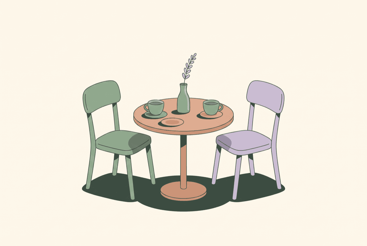 Illustration of two coffee cups on a small café table with two empty chairs — a calm, low-pressure reconnection