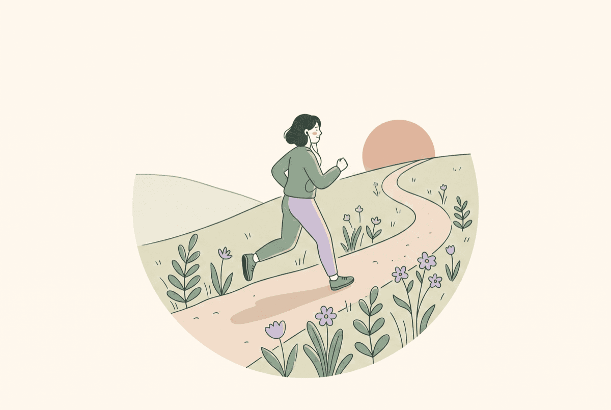 Illustration of a person jogging up a hill at sunrise along a path lined with flowers — growth during no contact